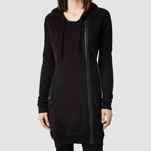 All Saints Black Asymmetrical Zip Hoodie Dress